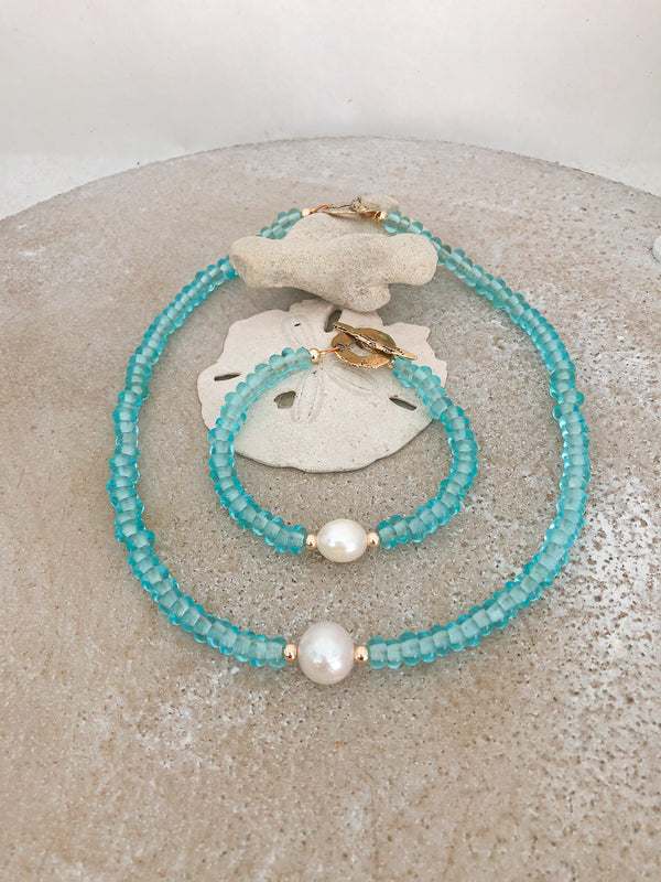 Summer Dream Necklace & Bracelet - Aqua and Pearl