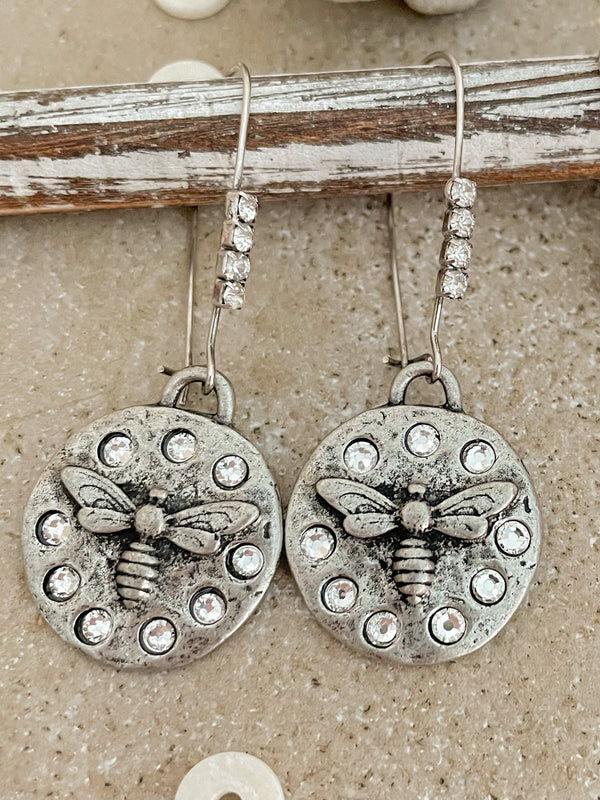 French Bee Silver Rhinestone Drop Earrings