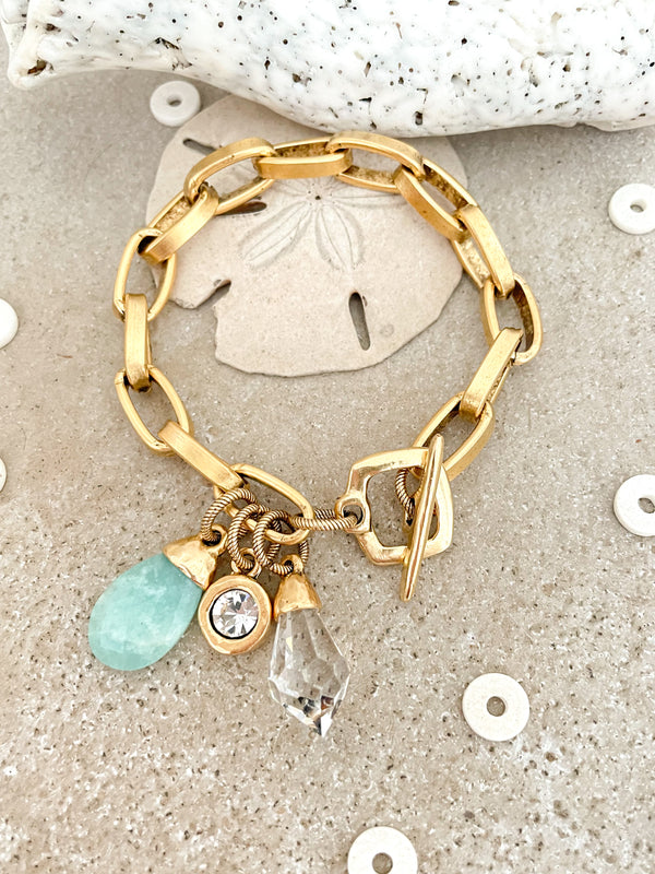 Gold Amazonite & Crystal Charm Bracelet