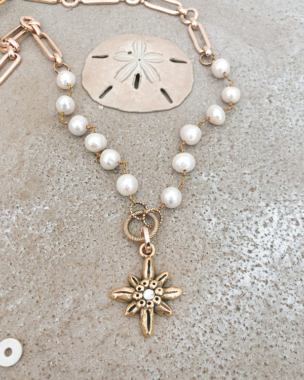 Fresh Water Pearl & Flower Bling Necklace