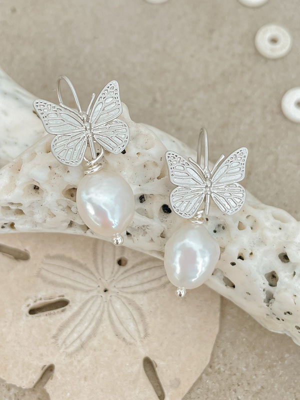 Silver Butterfly & Pearl Drop Earrings