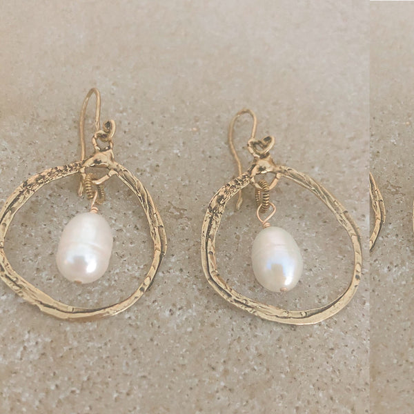 Gold Bronze Pearl Drop Earrings