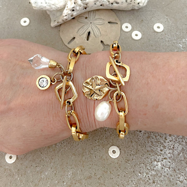Gold Link Starfish & Pearl Charm Bracelet